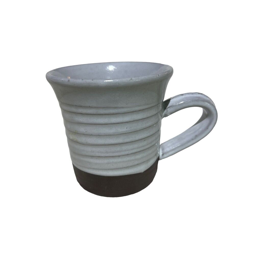 Crate and Barrel Coffee Cup 8 oz Mug White Stoneware Brown Dip‎ Bottom signed